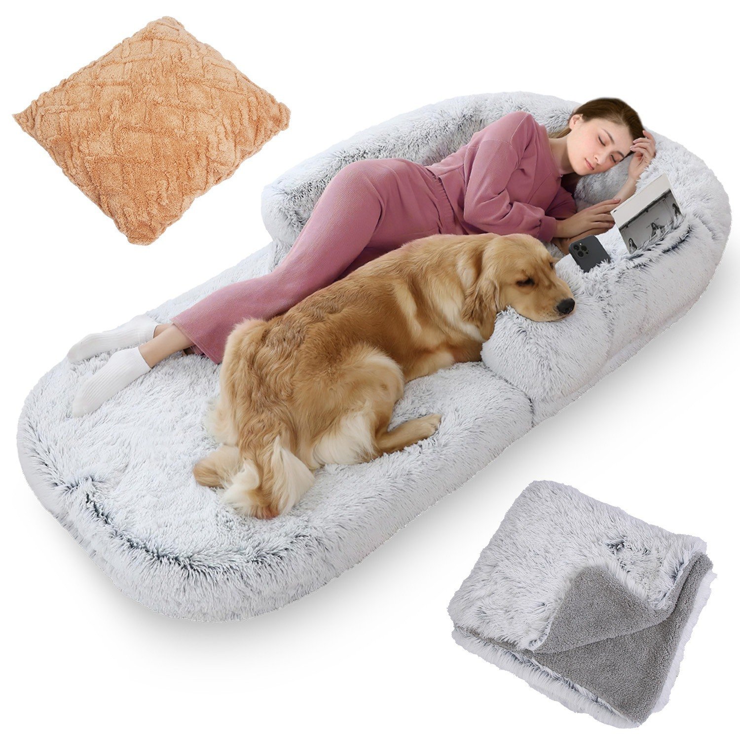 Large Foldable Human Size Dog Bed With Pillow Blanket Flurry Plush Napping Human-Sized Dog Bed Large Foldable Human Size Dog Bed With Pillow Blanket Flurry Plush Napping Human-Sized Dog Bed